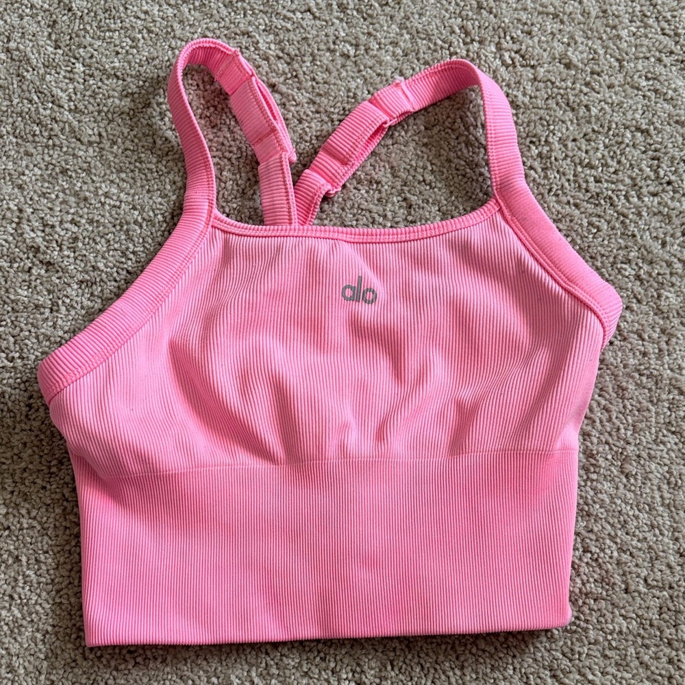ALO Yoga Neon Bubblegum Pink Ribbed Bra Top